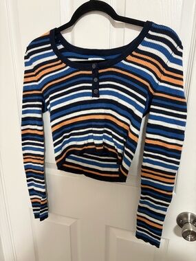 American Eagle Striped Button-Front Long Sleeve Ribbed Henley Crop Top